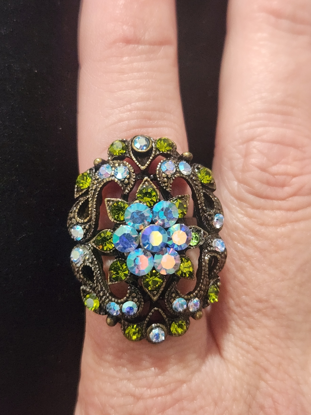 Antique-Style Olive Green and Aurora Crystal Floral Statement Ring Adjustable